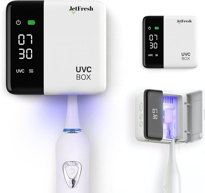 JetFresh UV Toothbrush Sanitizer Holder & Cleaner with LED Clock Display & Hot Air Drying – Wall-Mounted UV Tooth Brush Holder for Bathroom Decor, Travel Use, Rechargeable Portable Design, Fits All Brushes - Image 1